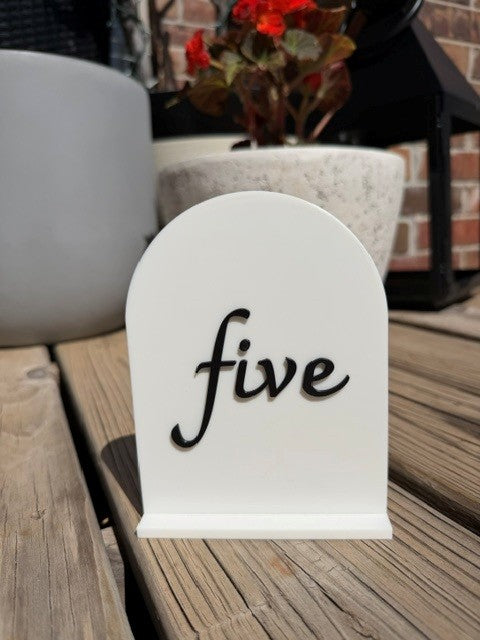 Black arch table number 5 - 6 inch tall modern table signage for parties and weddings
