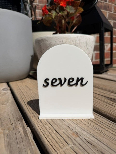 Black arch table number 7 for bridal shower, birthday, or reception table display