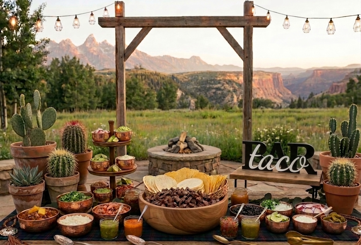 Outdoor taco bar setup with mountains in the background