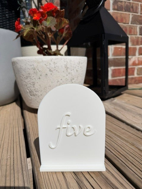 White arch table number 5 - 6 inch tall modern table signage for parties and weddings