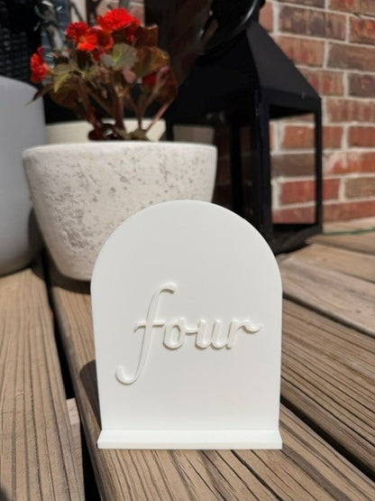 White arch table number 4 made from PLA plastic for durable event use