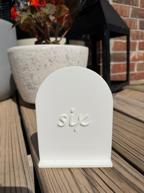 White arch table number 6 for bridal shower, birthday, or reception table display